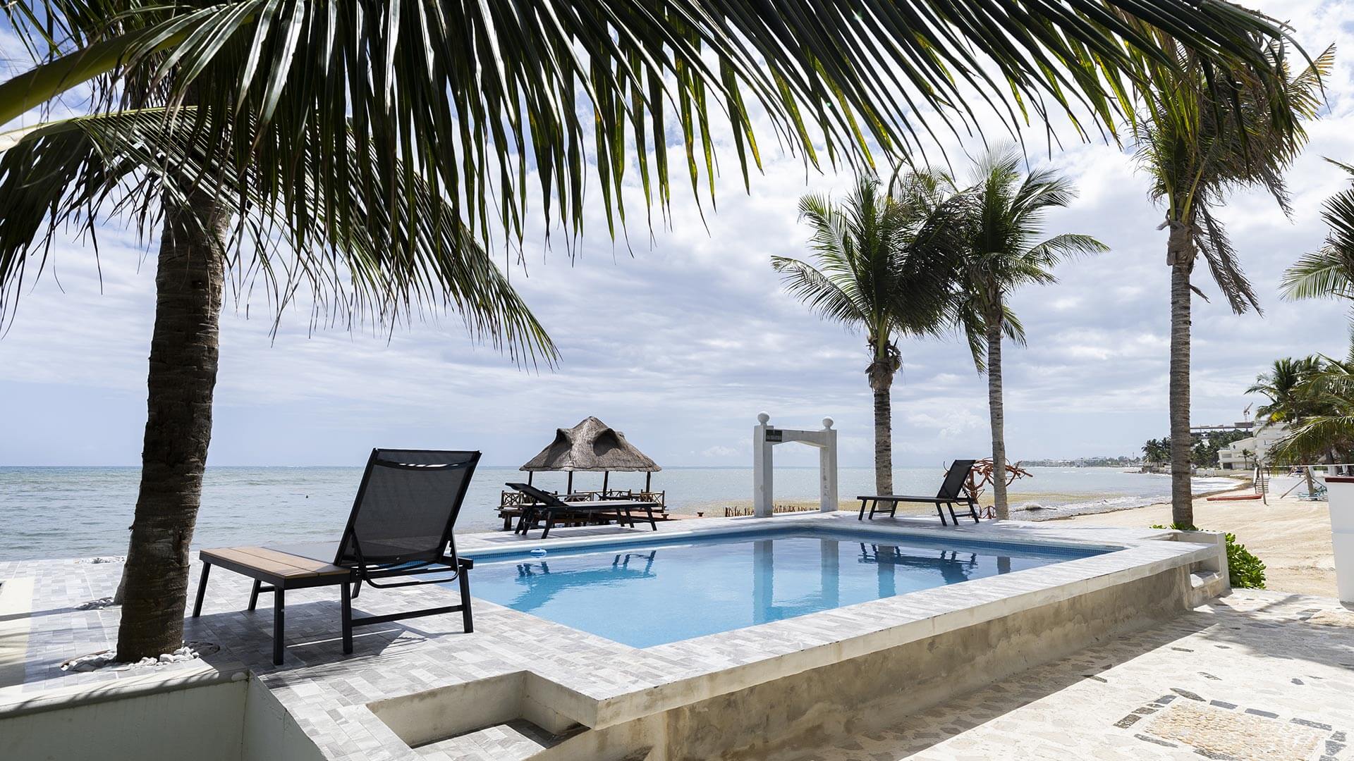 Piscine en bord de mer entourée de palmiers, avec accès direct à la plage, chaises longues et vue panoramique sur les eaux turquoise de la Riviera Maya.